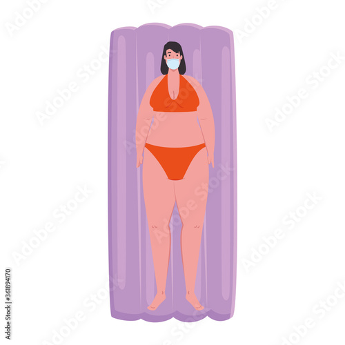 cute plump woman wearing medical mask in lying down on inflatable float, covid 19 summer vacation vector illustration design