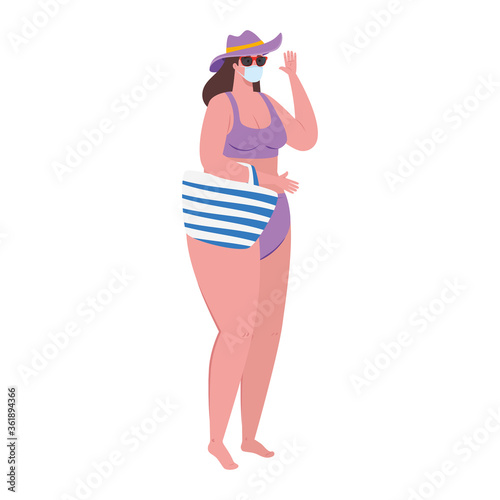 cute plump woman in swimsuit purple color, wearing medical mask, covid 19 summer vacation vector illustration design