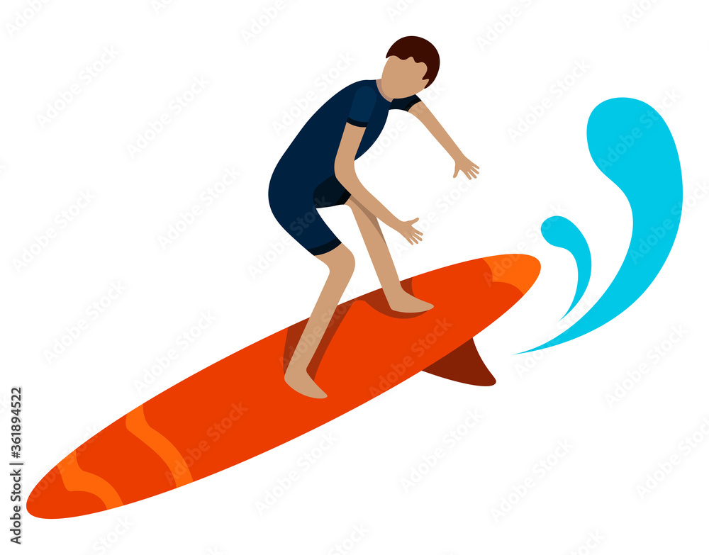 boy, man riding on the waves on a surfboard. Summer active sea vacation. Tropical hawaii lifestyle. Vector on a white background