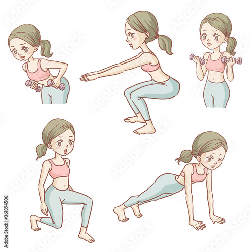 Digital illustration of a cute girl working out in a various pose.