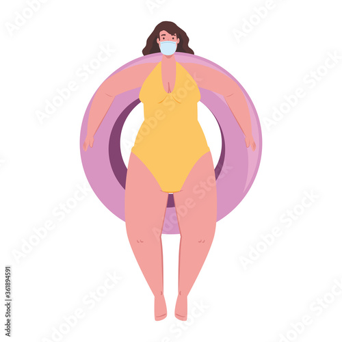 cute plump woman in swimsuit yellow color, wearing medical mask, in lifeguard float circle, covid 19 summer vacation vector illustration design
