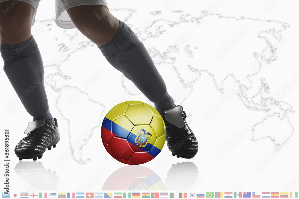 Soccer player dribble a soccer ball with Ecuador flag