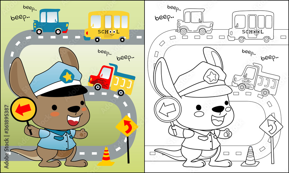 Naklejka premium vector illustration of cute kangaroo cartoon in traffic cop uniform with vehicles in the road, coloring book or page