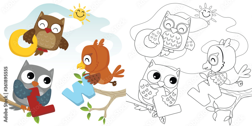 Obraz premium Vector cartoon illustration of funny owls holding letter, coloring book or page