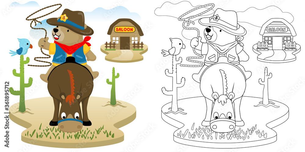 Vector cartoon illustration of bear the cowboy sitting on brown horse, coloring book or page