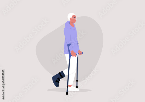 Young male character with a fractured leg using crutches to walk, health care