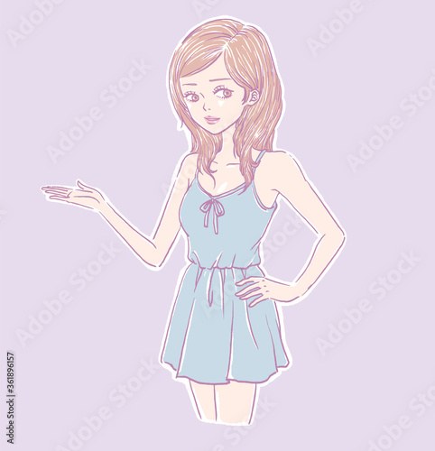 Beautiful girl vector drawing. Illustration of a woman with blue dress with a palm up.