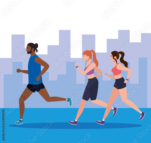 people jogging with cityscape, people running outdoor, people in sportswear jogging vector illustration design