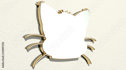 kitty cat made by 3D illustration of a shiny metallic sculpture on a wall with light background. cute and animal photo