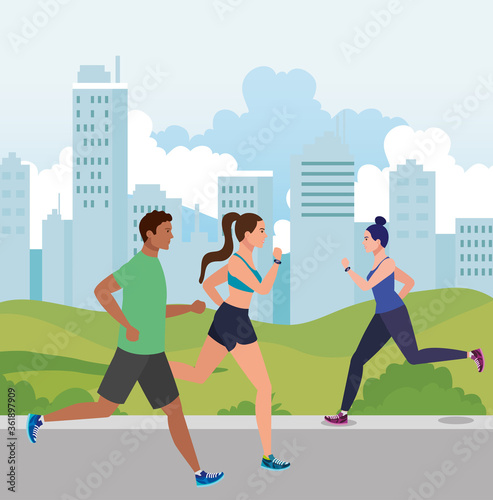 jogging with cityscape, people running race outdoor, people in sportswear jogging vector illustration design