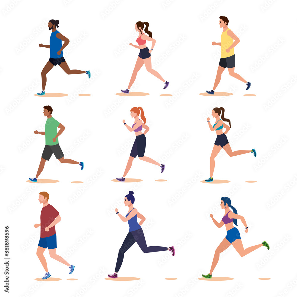 group people jogging, people running avatar characters vector illustration design