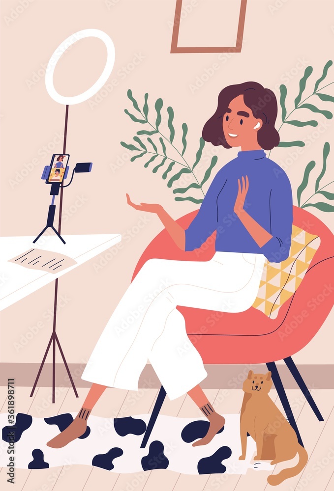 Cheerful woman speaking at live streaming use smartphone vector flat illustration. Female blogger in wireless earphones communicate during broadcasting at home. Friendly influencer at online stream