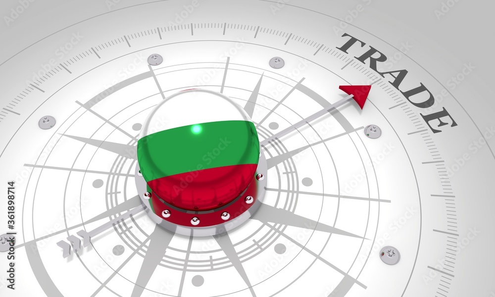 Business concept. Abstract compass points to the trade word. Flag of the Bulgaria. 3D rendering Business concept. Abstract compass points to the trade word. Flag of the Bulgaria. 3D rendering