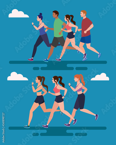 set scenes of jogging people, people running vector illustration design