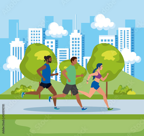 people jogging in landscape, men and woman running outdoor, people in sportswear jogging in park nature vector illustration design