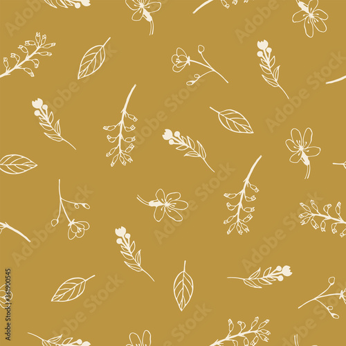 Seamless pattern with flowers and herbs. Vector hand drawn illustration.