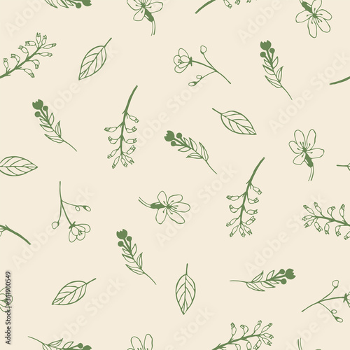 Seamless pattern with flowers and herbs. Vector hand drawn illustration.