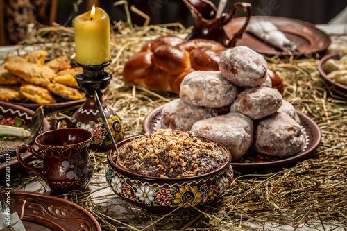 Kutya - wheat porridge with nuts, raisins, honey, poppy seeds. traditional Christmas sweet meal in Ukraine, Belarus and Poland