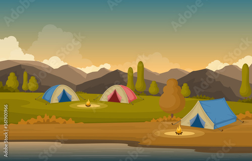 Camping Adventure Outdoor Park Mountain Nature Landscape Cartoon Illustration
