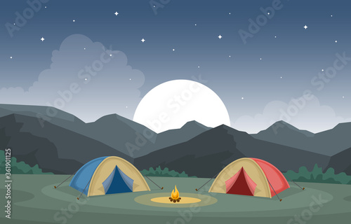 Camping Adventure Outdoor Park Mountain Nature Landscape Cartoon Illustration