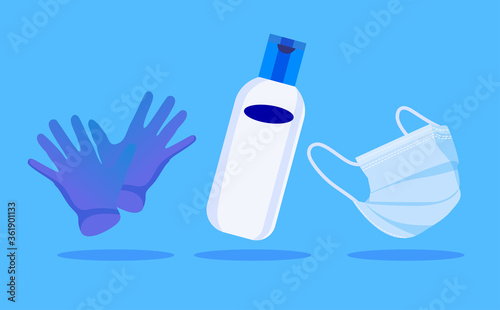 medical gloves, medical mask, hand sanitizer, personal protective equipment, vector flat illustration