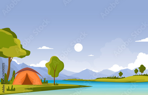Camping Adventure Outdoor Park River Nature Landscape Cartoon Illustration