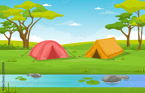 Camping Adventure Outdoor Park River Nature Landscape Cartoon Illustration