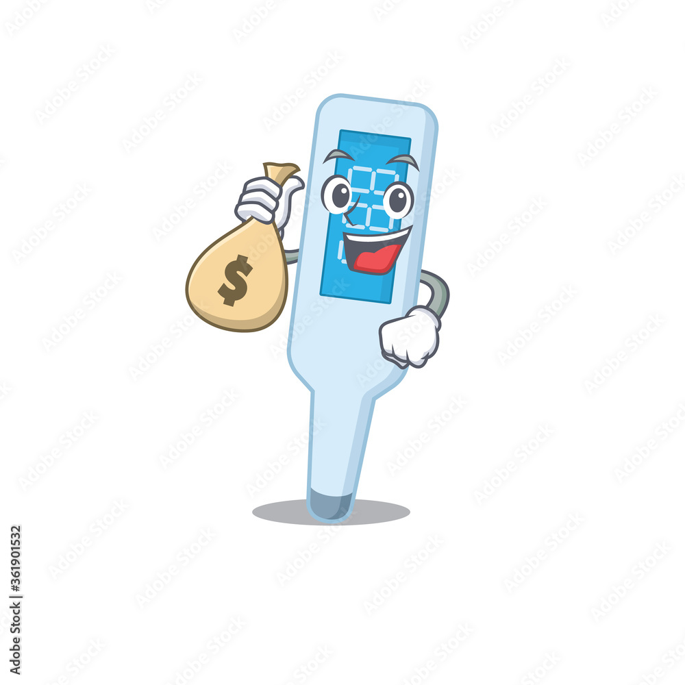 Crazy rich Cartoon picture of digital thermometer having money bags