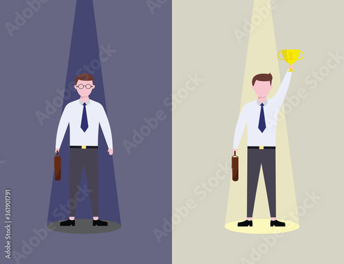 character loser winner, nerd and bad boy,  There is a ray of light, vector illustration flat style