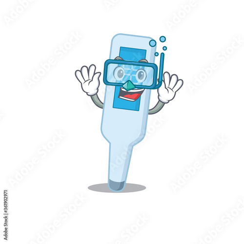 digital thermometer mascot design swims with diving glasses