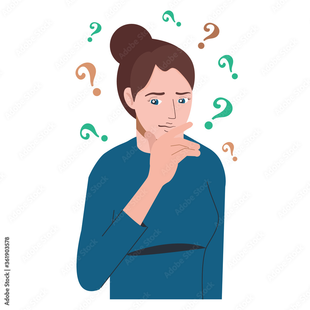 Portrait of young troubled woman. Girl with question mark in think bubble. People thinking or solving problem. Dilemma vector flat cartoon concept illustration isolated on white background. Portrait of young troubled woman. Girl with question mark in think bubble. People thinking or solving problem. Dilemma vector flat cartoon concept illustration isolated on white background.