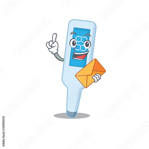 A picture of cheerful digital thermometercaricature design concept having an envelope