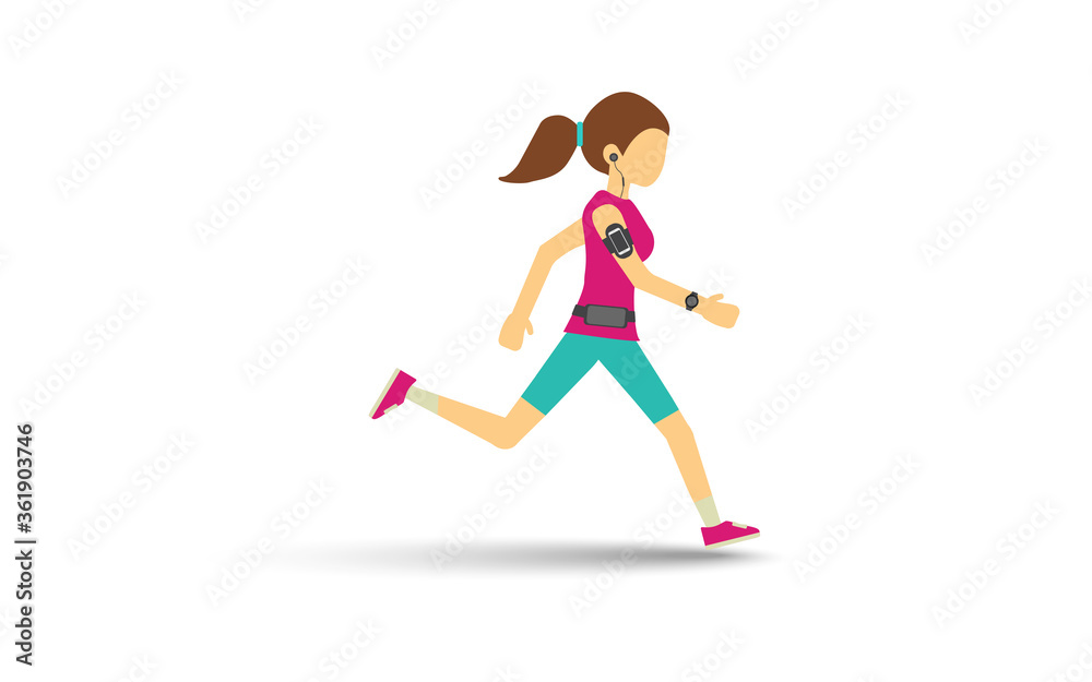 Woman running and listening music with gadget wireless earphone ,arm-band bag for smartphone ,smartwatch and Waist bag vector illustration flat style.Isolate on white background with drop shadow.