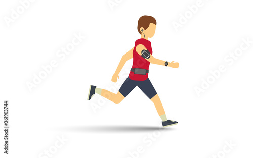 Man running and listening music with gadget wireless earphone ,arm-band bag for smartphone ,smartwatch and Waist bag vector illustration flat style.Isolate on white background with drop shadow.