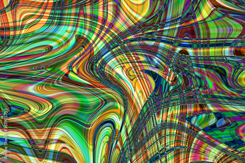 Colourful psychedelic background made of interweaving curved shapes. liquid splash as Illustration.