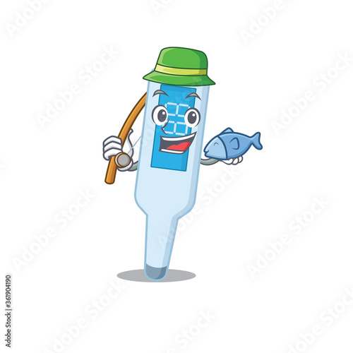 Cartoon design style of digital thermometer ready goes to fishing