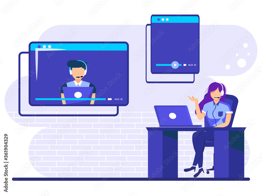 Online meeting. women chat and video call interface with man friend on the big screen using a laptop. online education, remote workers.
