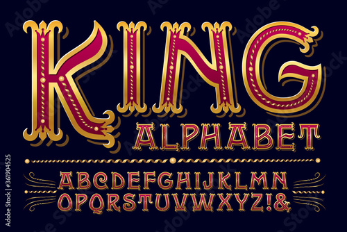 King Alphabet is a Regal Ornate Lettering Style with Elegant Gilded Detailing  This Font Would Work Well with Anything Courtly  Royal  High Class  or Antique