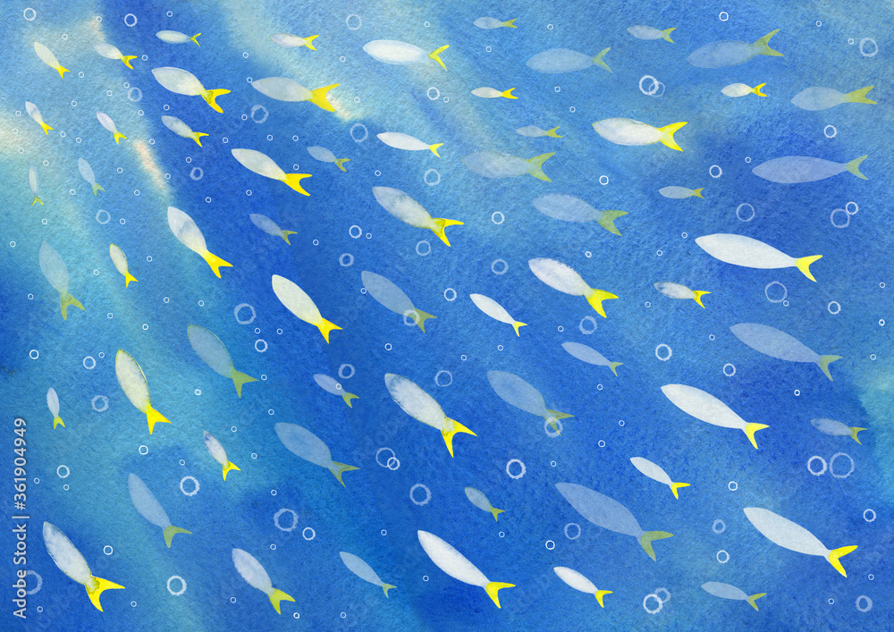 光の差し込む海の中 魚の群れ 水彩イラスト Stock イラスト Adobe Stock