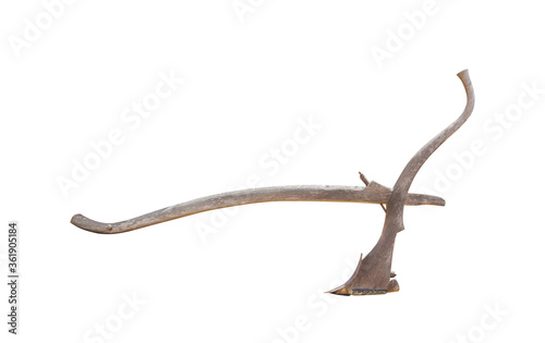 Agricultural old manual wooden plow isolated on white background with clipping path