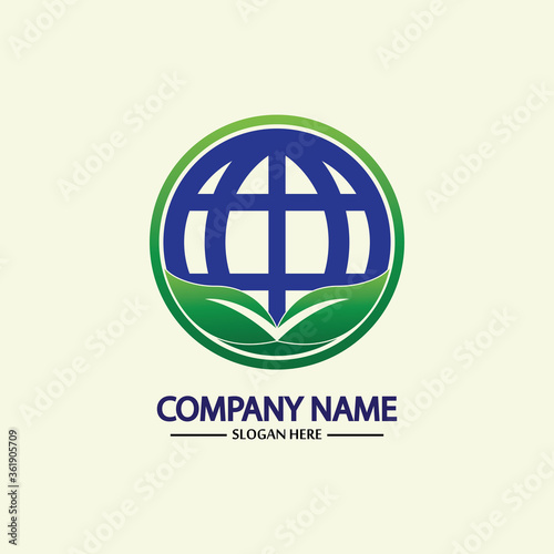 Eco World Nature Global Logo Design Template.World Globe Icon with Leaf Symbol around. Usable for Business, Nature, Environment, Science and Ecology Logos. Flat Vector Logo Design Template Element.