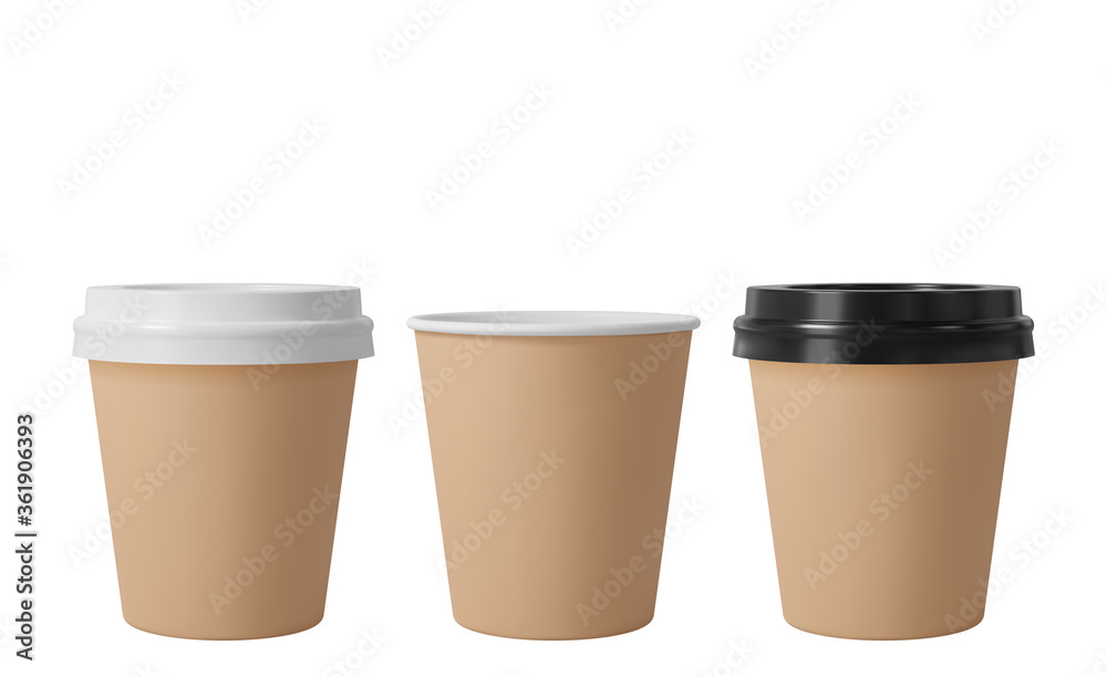 Little brown paper coffee cups with black and white lids. Open and closed small paper cup. Realistic vector mockup.