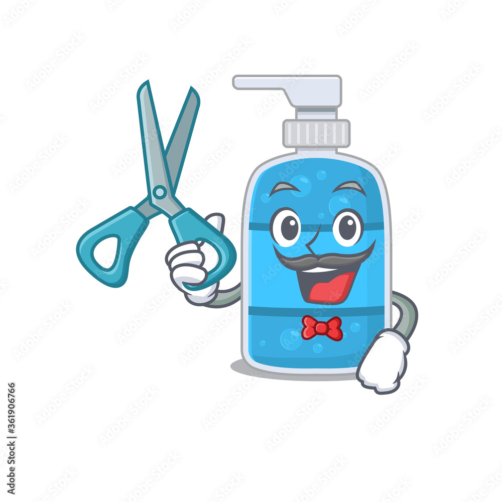 Hand wash gel cartoon character design as talented barber