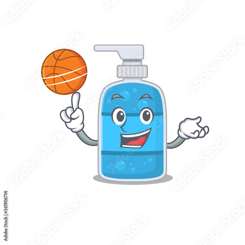 Sporty cartoon mascot design of hand wash gel with basketball
