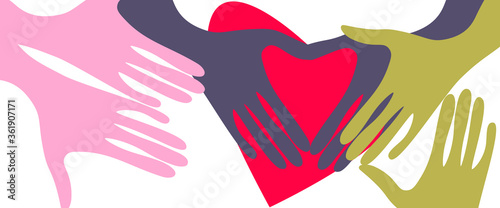
Hands of different colors and a heart. The idea of ​​unity of peoples of races and nationalities. The concept of love and kindness all over the world.
