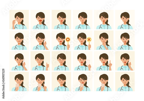 看護師女性の色々な表情イラスト　笑う、怒る、悲しむなど様々なベクターイラストのセット © SHIROKUMA-DESIGN