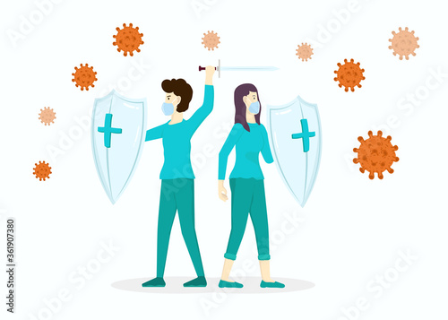 Virus germs and bacteria protection. The healthy immune system, adult man and woman protected from viruses and bacterias by immunity shield vector illustration set. Person resistance and prevention.