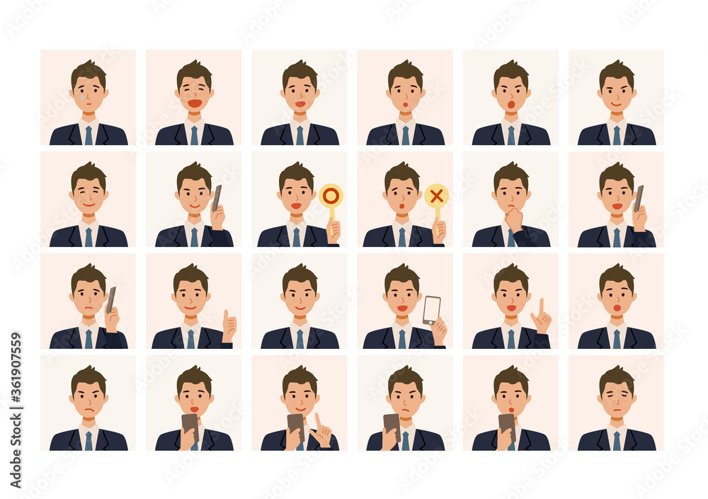 Face expressions of a businessman in suits. Different male emotions and poses set. Face expressions of a businessman in suits. Different male emotions and poses set.