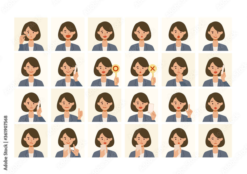 Face expressions of a businesswoman in suits. Different female emotions and poses set. Face expressions of a businesswoman in suits. Different female emotions and poses set.