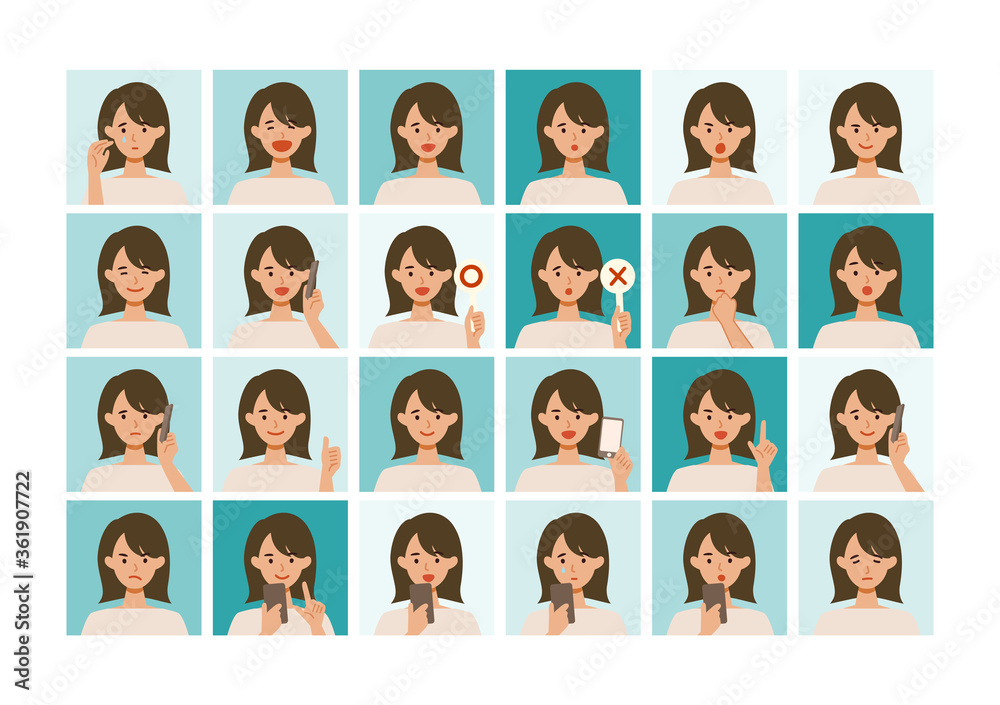 Face expressions of woman. Different female emotions and poses set.